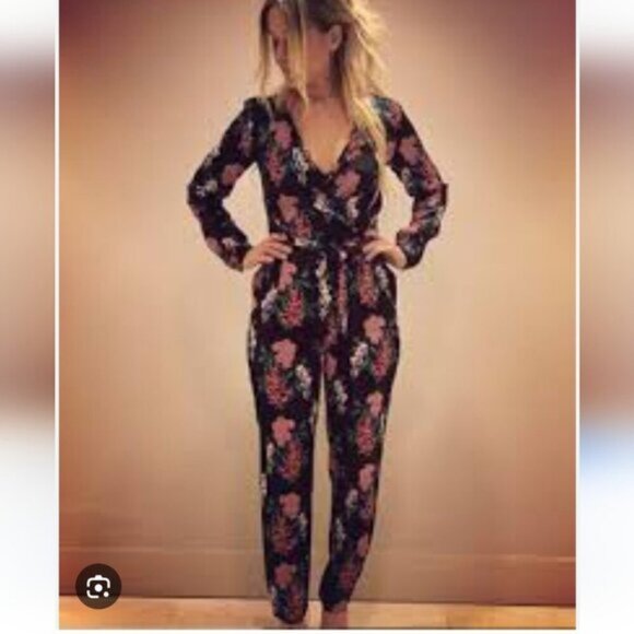 MASSIMO DUTTI | Floral Jumpsuit Black Pink Viscose Sz 2 - Picture 2 of 11